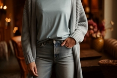 Light blue t shirt grey cardigan light wash denim jeans Product Image 1