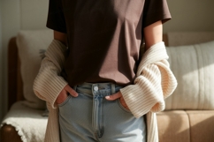 Brown shirt light jeans cream cardigan image Product Image 1