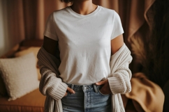 White t shirt blue jeans cardigan mockup image Product Image 1
