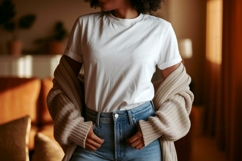 Woman wearing white t shirt and denim jeans t-shirt Product Image 1