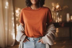 Woman wearing orange t shirt and cardigan image Product Image 1