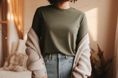 Olive green long sleeve shirt and beige cardigan mockup Product Image 1
