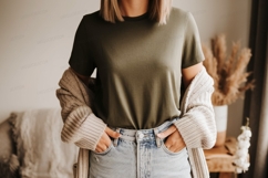 Olive green t shirt light wash denim jeans image Product Image 1