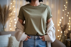 Olive green t shirt mockup with cozy cardigan image Product Image 1
