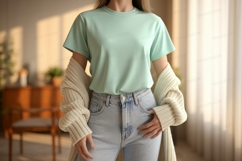 Mint green t shirt light wash denim jeans image Product Image 1