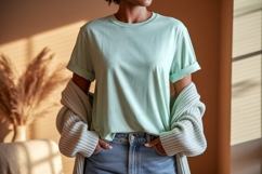 Mint green t shirt mockup with cardigan image Product Image 1