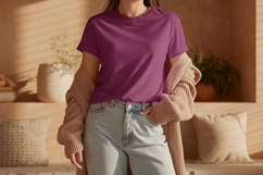 Plum T Shirt Light Jeans Cardigan Mockup t-shirt Product Image 1