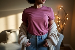 Woman wearing pink t shirt and jeans t-shirt cardigan Product Image 1