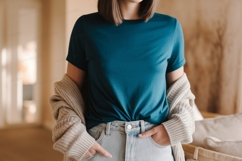 Teal shirt light jeans knit cardigan Product Image 1
