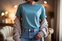 Teal shirt denim jeans cardigan mockup image Product Image 1
