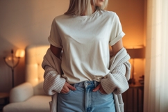 Cream t shirt light blue jeans cardigan mockup tshirt Product Image 1