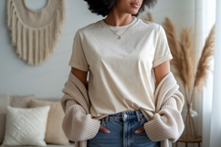 Cream t shirt and denim jeans mockup image Product Image 1