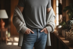 Gray t shirt blue jeans cardigan mockup image Product Image 1