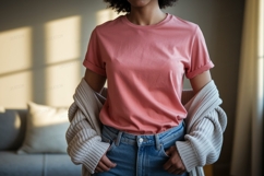 Pink shirt blue jeans casual outfit Product Image 1