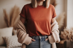 Orange t shirt and beige cardigan mockup Product Image 1