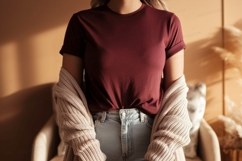 Maroon t shirt light jeans knit cardigan image Product Image 1