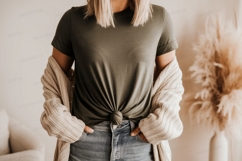 Olive green t shirt tied with cream cardigan image Product Image 1