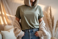 Olive tee denim jeans cardigan mockup apparel Product Image 1
