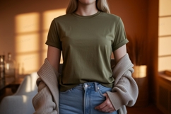 Olive green t shirt mockup with cardigan image Product Image 1