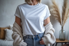 White T Shirt Mockup With Cardigan fashion Product Image 1