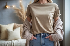 Beige T Shirt Mockup With Cardigan clothing Product Image 1
