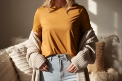 Woman wearing mustard t shirt and jeans image Product Image 1
