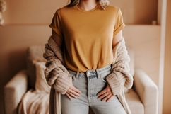 Mustard shirt light denim jeans knit cardigan mockup Product Image 1
