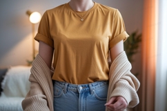 Mustard tee light wash jeans cardigan mockup apparel Product Image 1