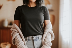 Woman wearing black t shirt and denim jeans t-shirt Product Image 1