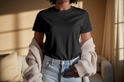 Black t shirt mockup with cardigan and jeans image Product Image 1