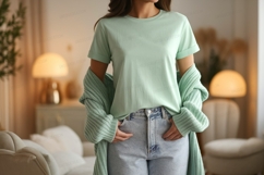Mint tee and cardigan mockup denim jeans Product Image 1