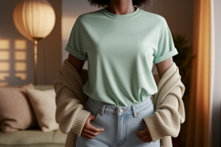 Woman wearing mint t shirt and denim jeans image Product Image 1