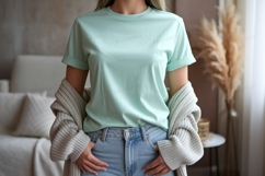 Mint green t shirt mockup with casual outfit image Product Image 1