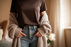 Brown shirt blue jeans beige cardigan image Product Image 1