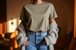 Olive t shirt denim jeans cardigan mockup image Product Image 1