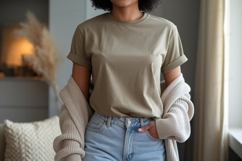 Person wearing olive green t shirt and denim jeans Product Image 1