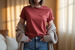 Terracotta tee denim jeans cardigan mockup image Product Image 1