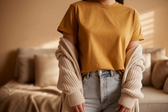 Mustard t shirt and cream cardigan mockup image Product Image 1