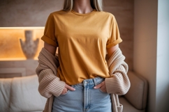 Mustard tee light wash denim cardigan image Product Image 1
