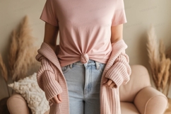 Pink shirt knot denim jeans cozy cardigan Product Image 1
