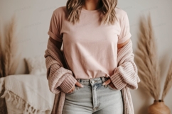 Woman wearing pink t shirt and denim jeans Mockup Product Image 1