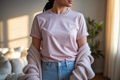 Woman wearing pink t shirt and jeans image Product Image 1