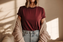 Maroon shirt light cardigan denim jeans image Product Image 1