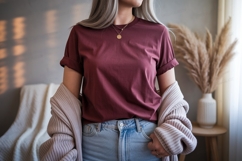 Maroon t shirt light wash jeans image Product Image 1