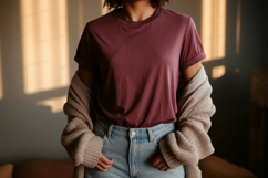 Maroon t shirt light wash jeans cardigan image Product Image 1