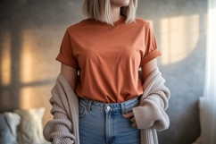 Orange shirt blue jeans knit cardigan mockup apparel Product Image 1