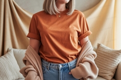 Orange tee blue jeans tan cardigan mockup image Product Image 1