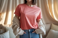 Coral tee and cream cardigan mockup Product Image 1