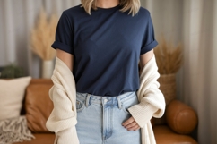 Navy t shirt light jeans cream cardigan image Product Image 1