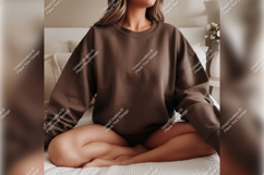 Woman In Brown Sweatshirt Tshirt Mockup Sitting Product Image 1